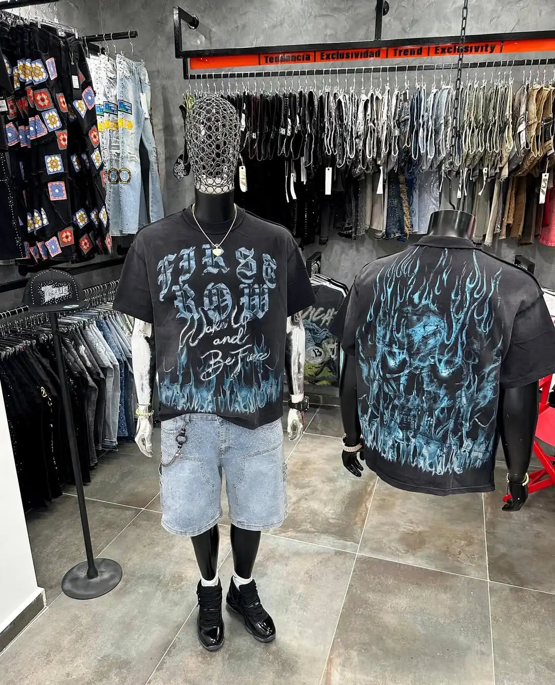 Black short-sleeves t-shirt with blue flame graphic and fire now text featuring high quality y2k hip hop trend design sense