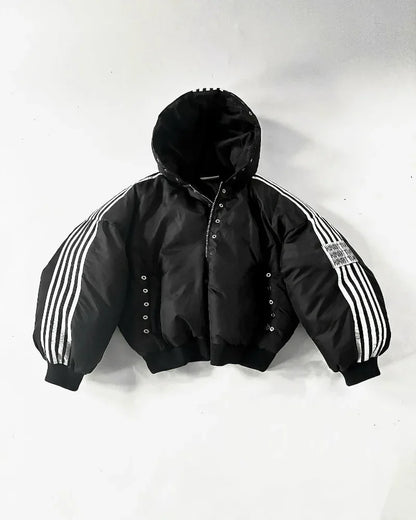 Black puffer jacket with white sleeve stripes and velvet hood lining loose zipper coat fashion personality men winter wear
