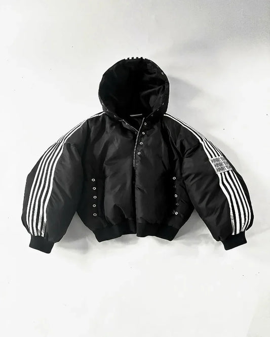 Black puffer jacket with white sleeve stripes and velvet hood lining loose zipper coat fashion personality men winter wear