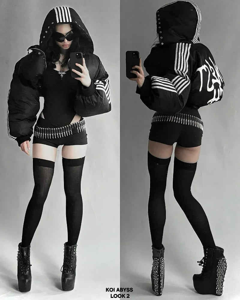 Black puffer jacket with white stripes and skeleton design loose zipper coat warm cotton-padded hop trend harajuku fashion personality men winter jacket