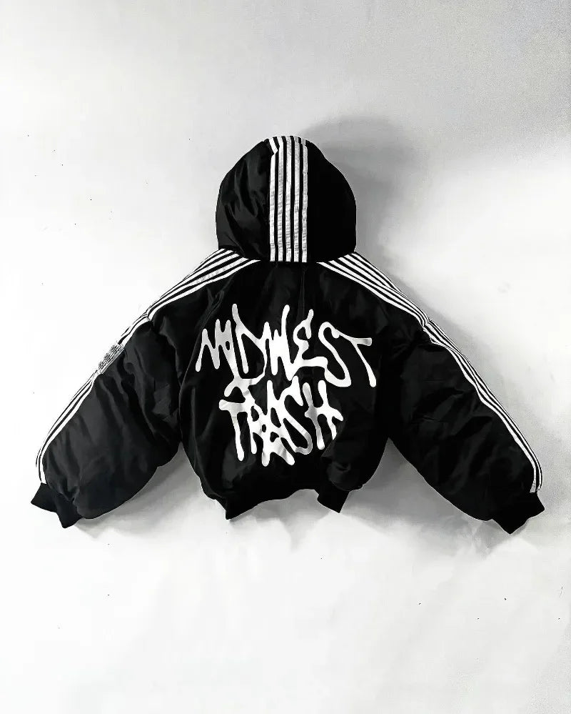 Back view of black puffer hip hop trend harajuku loose zipper coat with white graffiti lettering and striped sleeves