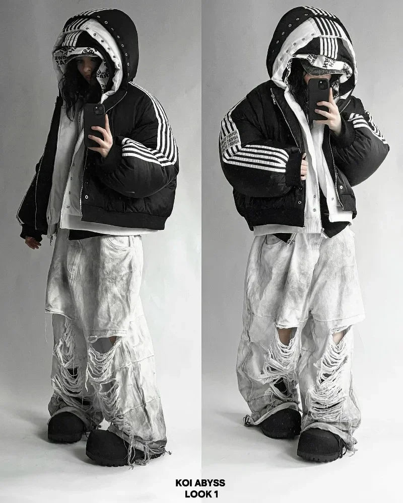 Black puffer hip hop trend Harajuku loose zipper coat with white stripes and studded hood for fashion personality men