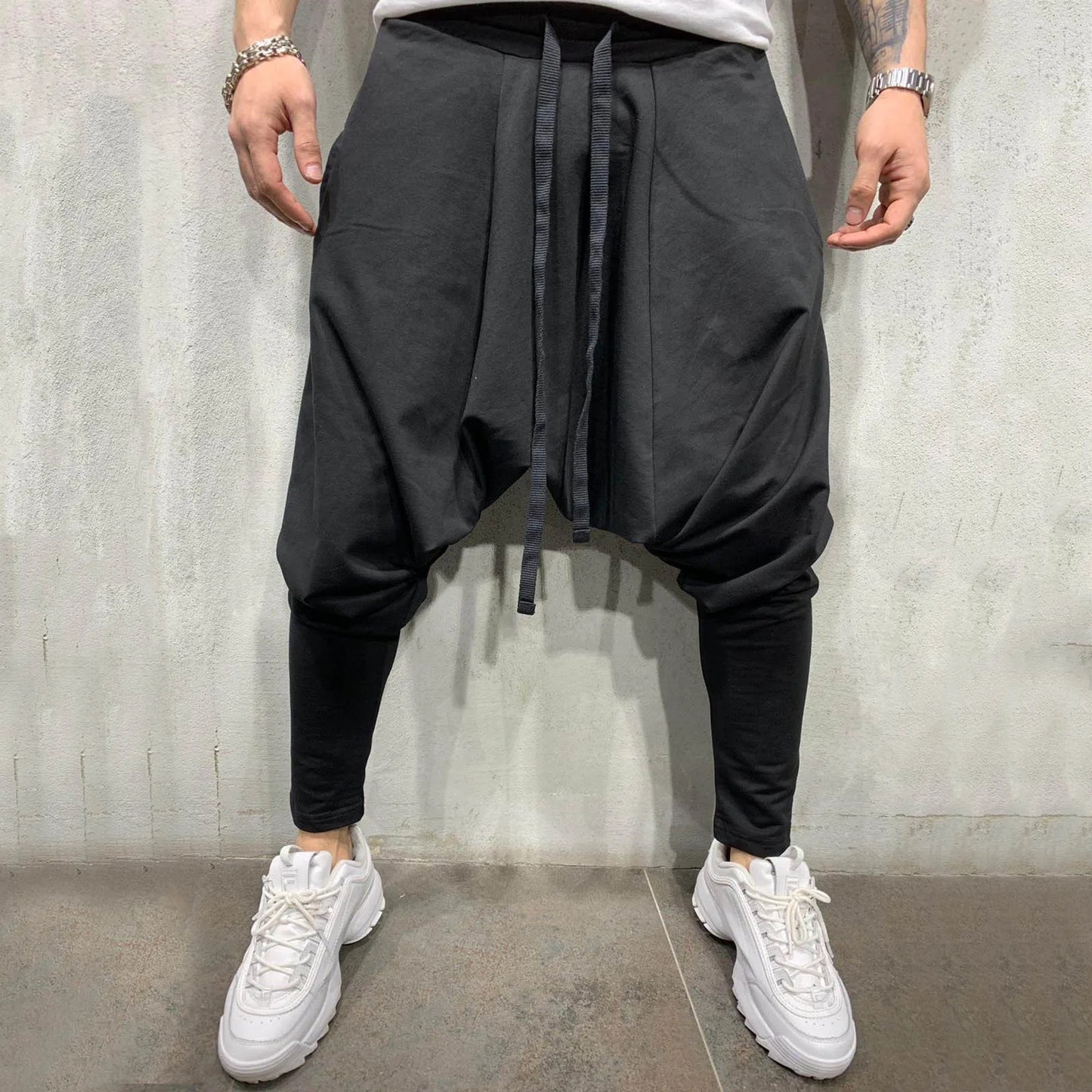 Black hip hop trend loose solid harem pants with drawstring tapered legs for summer autumn streetwear