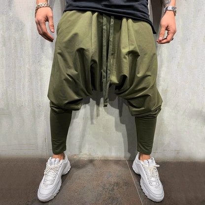 Olive green hip hop trend loose solid jogger pants with drawstring waist tapered legs for street sportswear