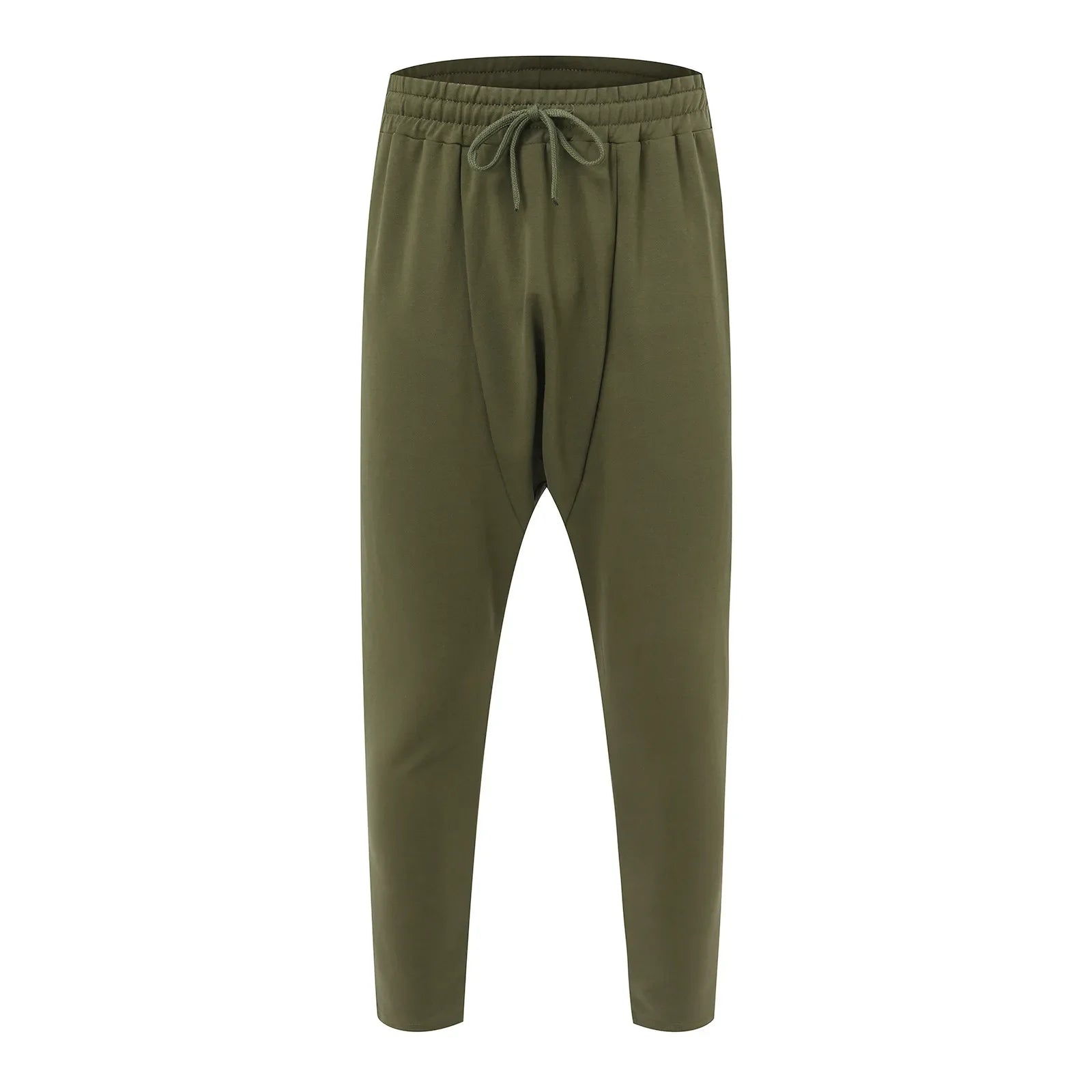 Olive green hip hop trend loose solid drawstring pants with relaxed tapered fit for street sports and casual wear