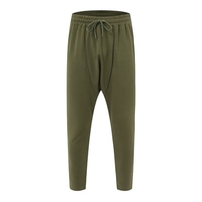 Olive green hip hop trend loose solid drawstring pants with relaxed tapered fit for street sports and casual wear