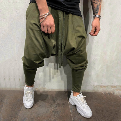 Olive green hip hop trend loose solid drawstring harem pants with tapered legs for street sports and casual wear