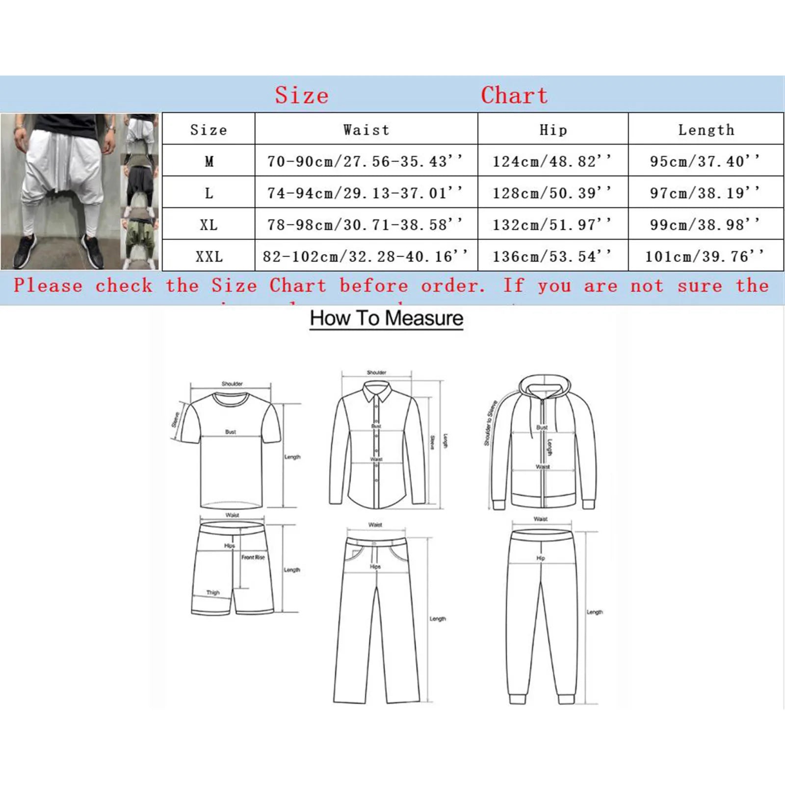 White hip hop trend loose solid athletic shorts with elastic waistband and side pockets shown in men’s size chart