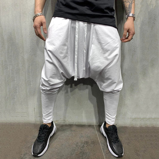 White hip hop trend loose solid harem pants with drawstring waist and tapered legs for street sportswear