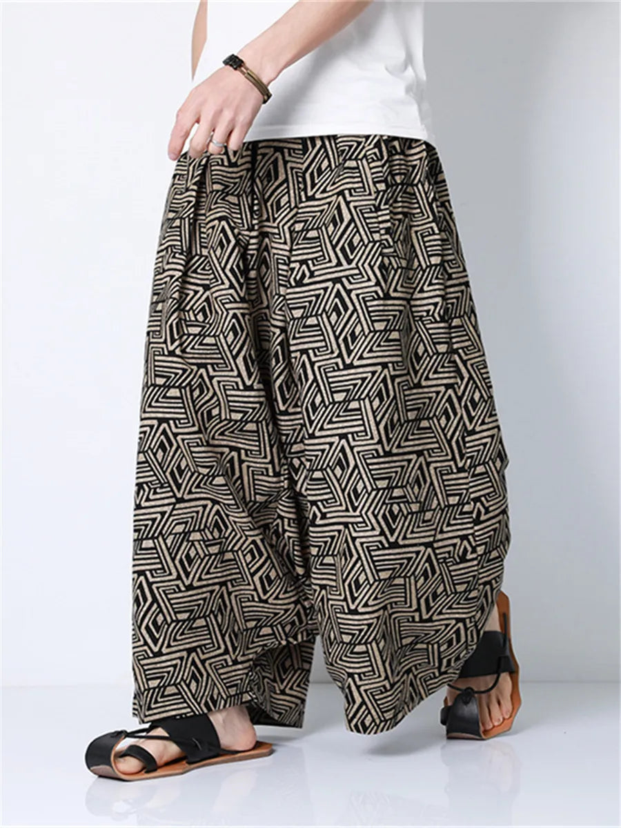 Black and white geometric patterned men harem pants featuring retro printed joggers design for hip hop trend streetwear