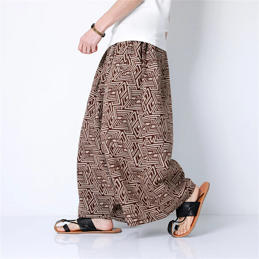 Brown and beige geometric-patterned men harem pants with retro printed joggers style for hip hop trend streetwear