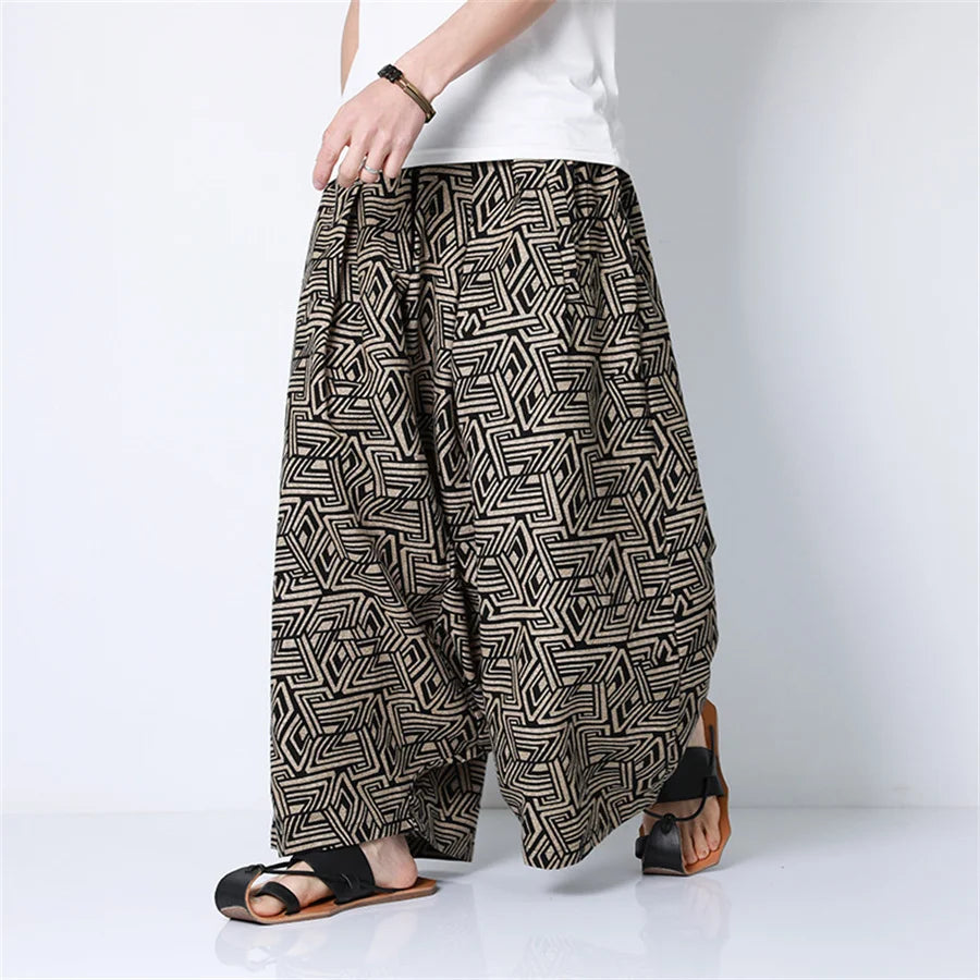 Black and beige geometric patterned men harem pants featuring retro printed joggers style for hip hop trend streetwear