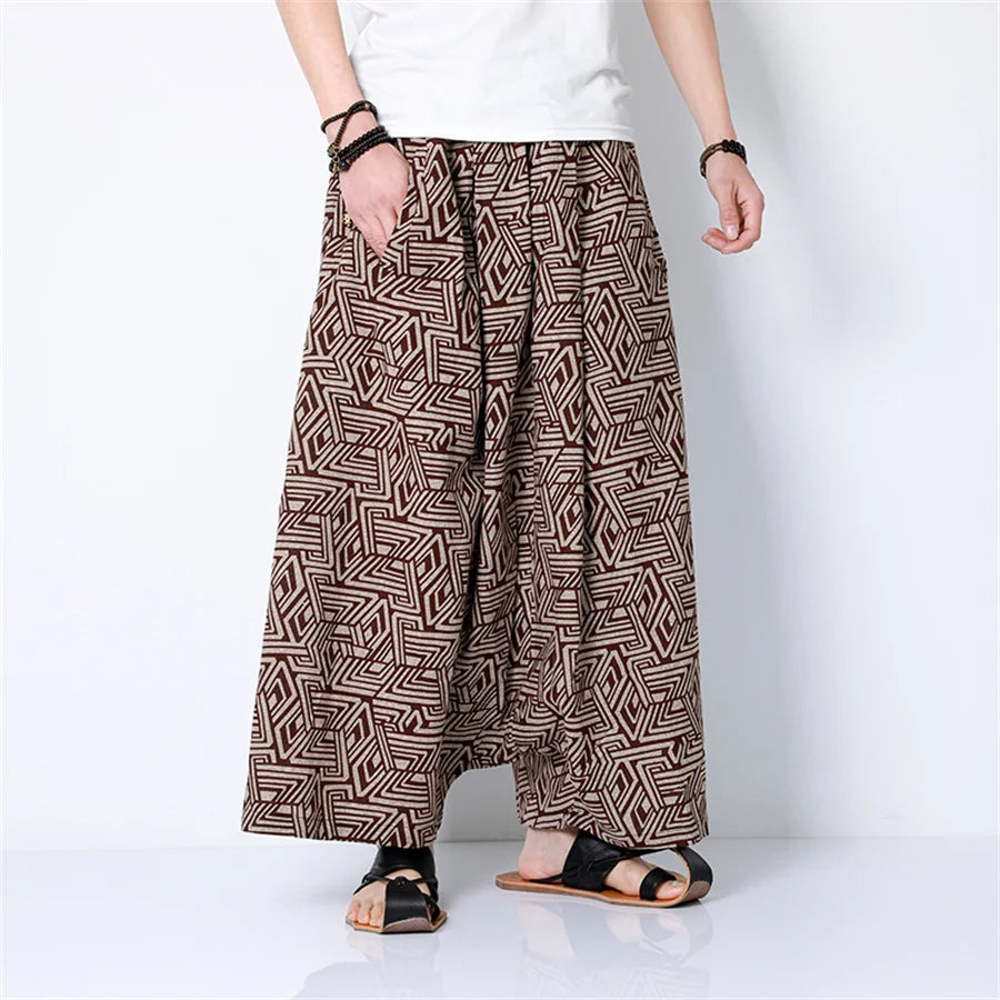 Brown and beige geometric-patterned men harem pants featuring retro printed joggers style for casual hip hop trend wear