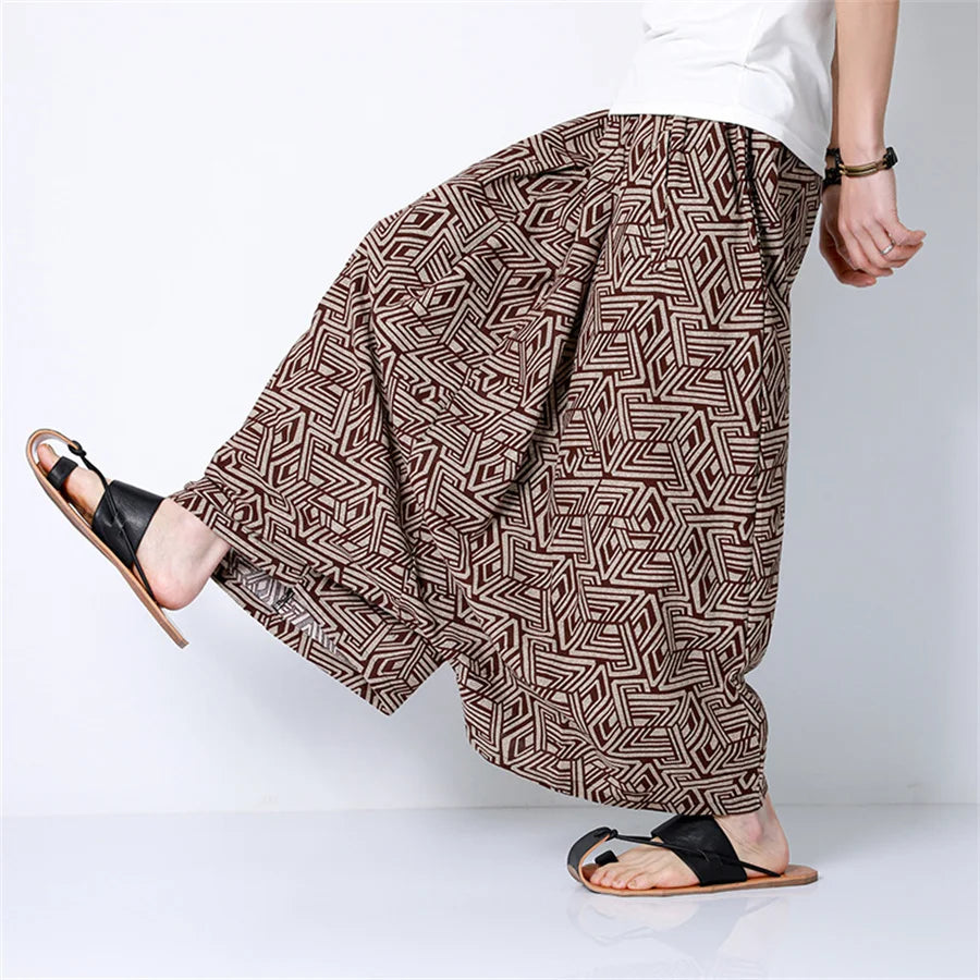 Brown and beige geometric-patterned men harem pants casual loose streetwear retro printed joggers wide leg trousers