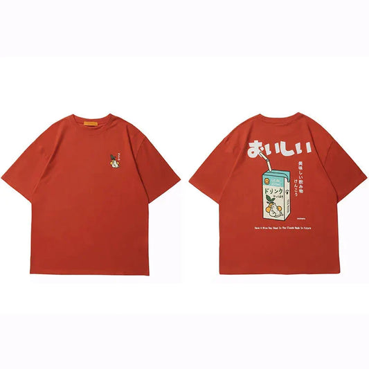 Red oversized hip hop tshirt featuring a cute cartoon juice box graphic on the back and japanese kanji drink detail