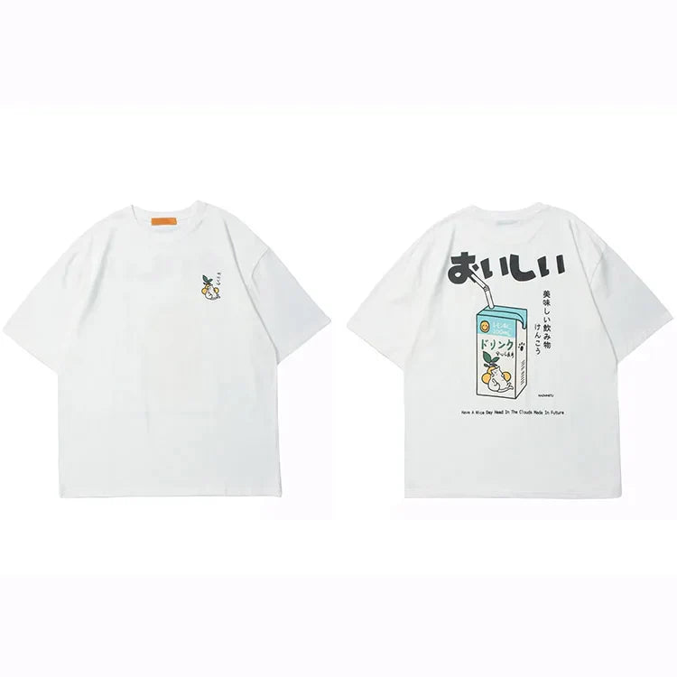 White short-sleeved hip hop tshirt with cute milk carton back print and embroidered rabbit for shirt streetwear harajuku