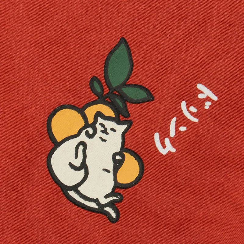 Red cotton hip hop tshirt featuring white cartoon cat with orange fruits and japanese kanji drink design streetwear harajuku
