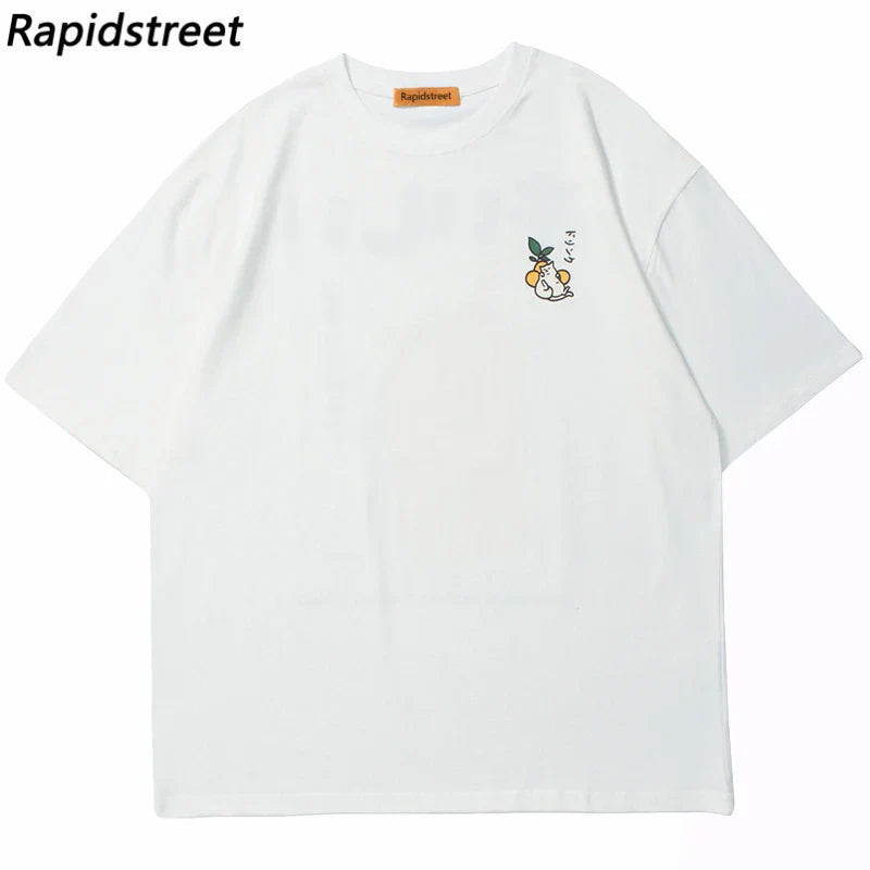 White cotton hip hop tshirt with small embroidered cartoon on left chest shirt streetwear harajuku japanese kanji drink design