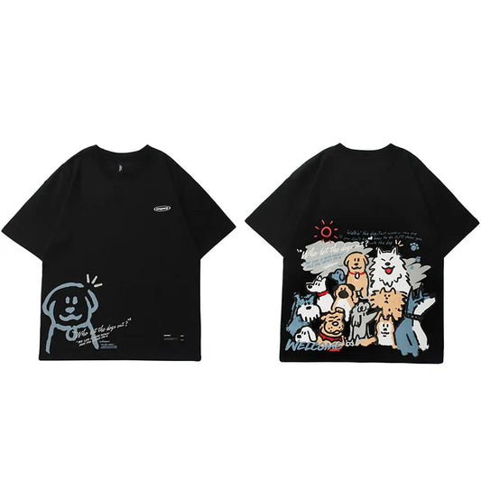 Black hop tshirt streetwear featuring funny cartoon dogs front print and colorful welcome design on back men harajuku cotton