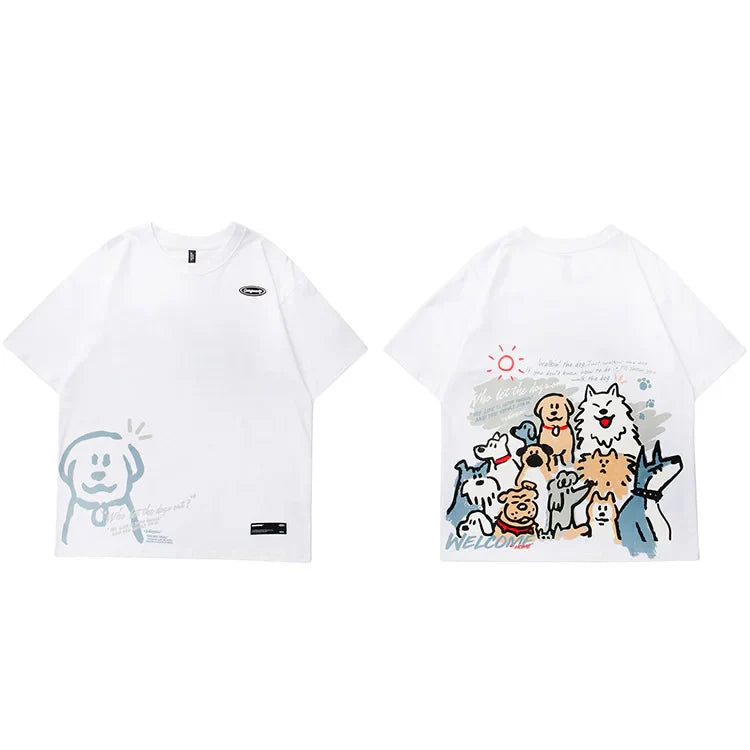 White cotton men harajuku cotton hop tshirt streetwear with funny cartoon dogs front and welcome dogs print back
