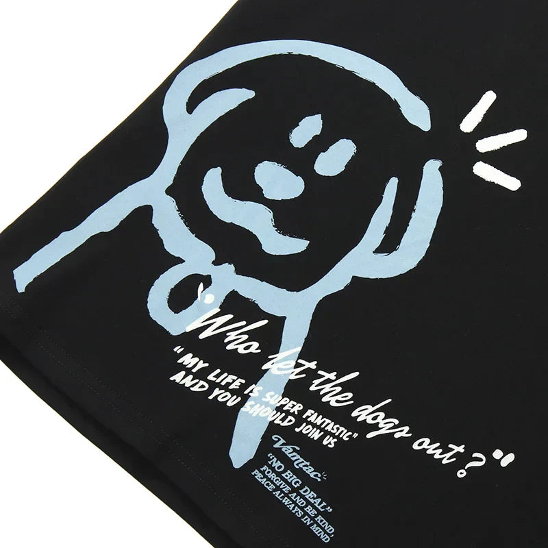 Black hop tshirt streetwear featuring funny cartoon dogs print in light blue with vantac brand name men harajuku cotton tee