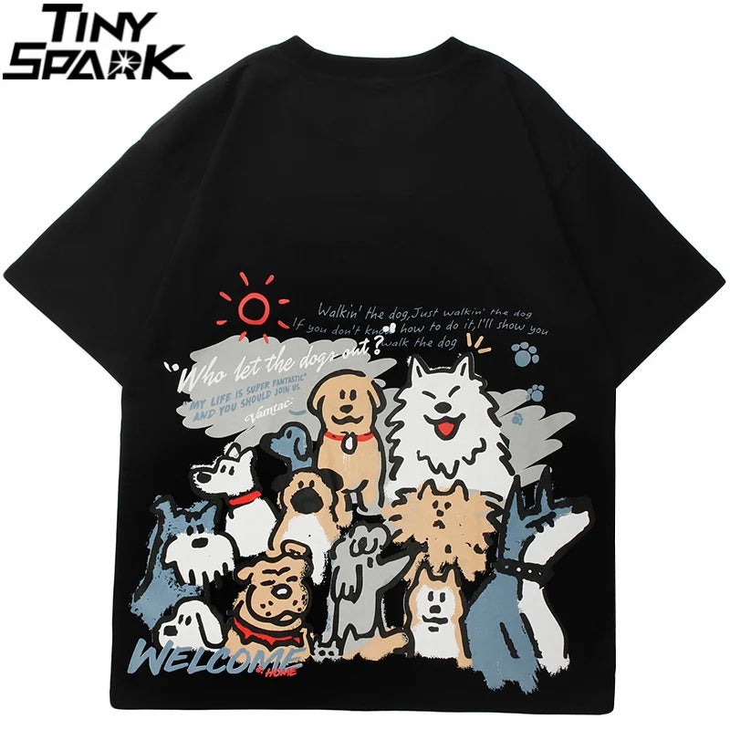 Black oversized hop tshirt streetwear featuring colorful funny cartoon dogs print on men harajuku cotton fabric