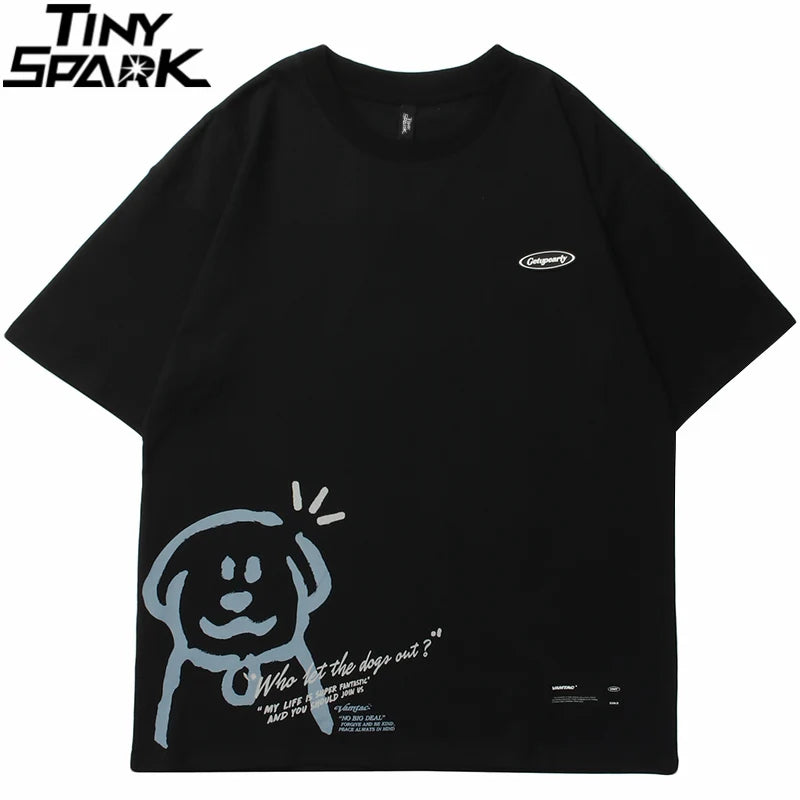 Black oversized hop tshirt streetwear featuring funny cartoon dogs print on men harajuku cotton casual tee