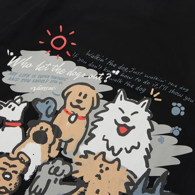 Black men harajuku cotton hop tshirt streetwear with funny cartoon dogs and playful who let the dog out print