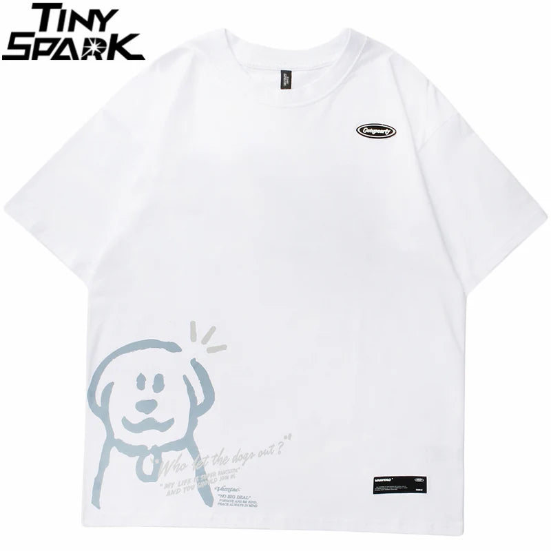 White cotton hip hop tshirt streetwear with funny cartoon dogs print and who let this dogs out text for men harajuku cotton