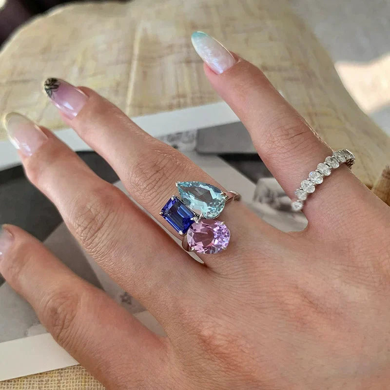 Silver-toned adjustable ring with aquamarine, sapphire, and amethyst gemstones for women punk fashion hip hop unique bling zircon