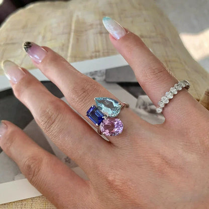 Silver-toned adjustable ring with aquamarine, sapphire, and amethyst gemstones for women punk fashion hip hop unique bling zircon