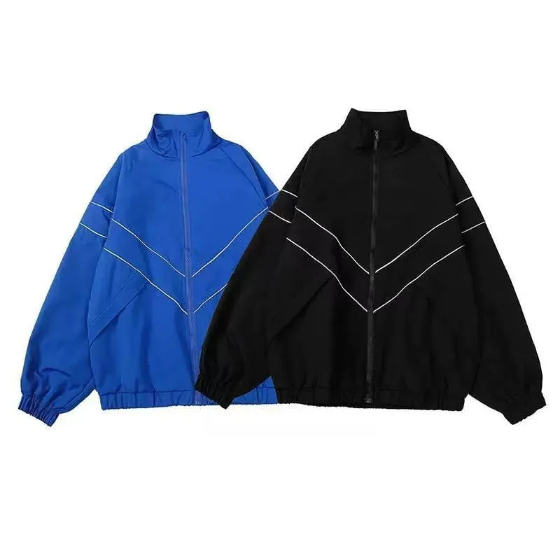 Blue and black hip hop varsity jackets with white diagonal stripe accents high street patchwork black windbreaker coats
