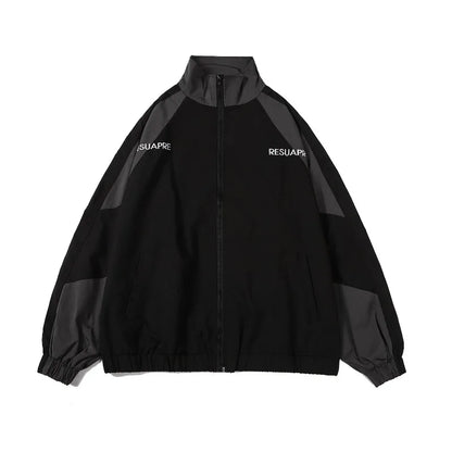 Black and dark gray two-tone hip hop varsity jacket with high street patchwork panels for spring autumn wear