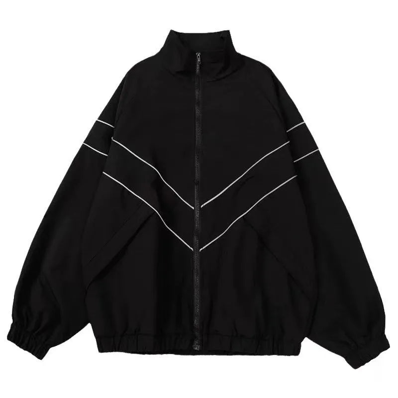 Black hip hop varsity zip-up jacket with white diagonal piping high street patchwork black windbreaker coats design