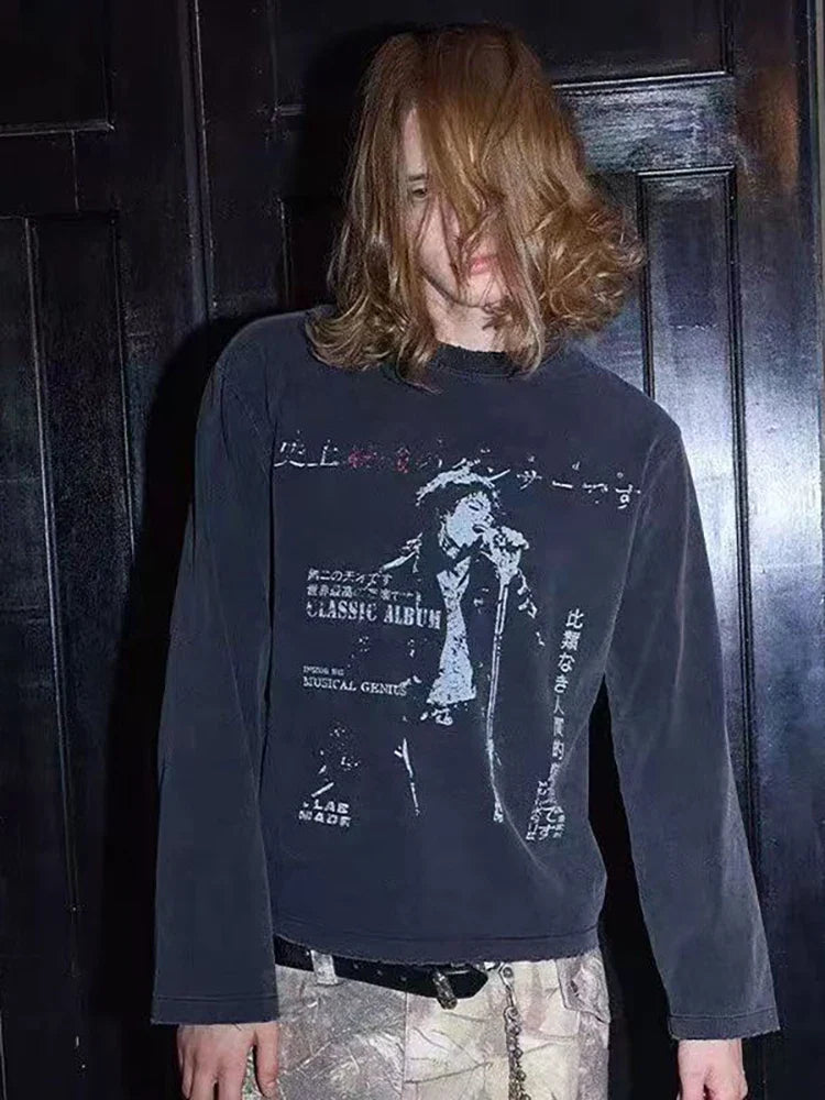 Dark gray long-sleeved hip hop vintage 2000s casual shirt with vintage Japanese print for streetwear Harajuku gothic style