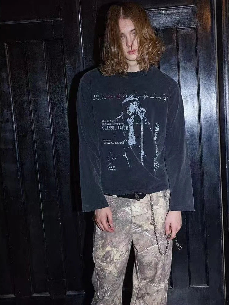 Dark gray velvet long sleeve sweatshirt with distressed singer graphic and japanese text in hip hop vintage streetwear harajuku gothic style