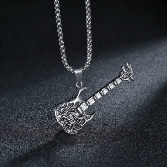 Silver electric guitar pendant with flame engraving on a stainless steel chain for hip hop vintage rock music guitar style
