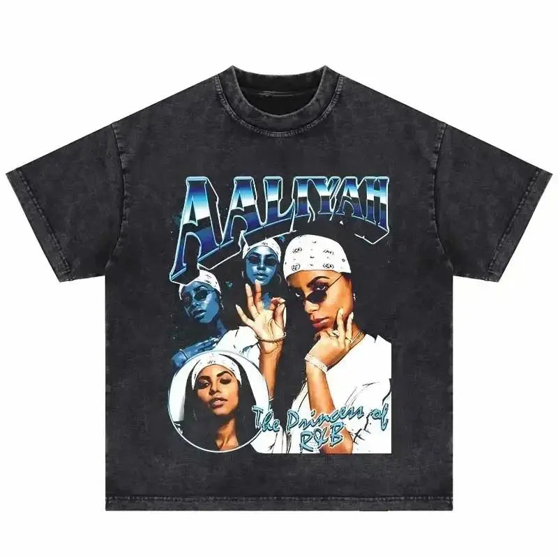 Black distressed cotton hip hop vintage t-shirt featuring aaliyahs baby girl graphic with blue and white stylized text for shirts harajuku streetwear