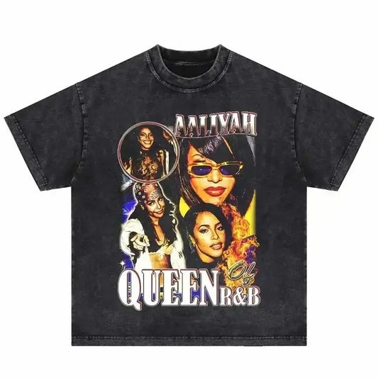 Black distressed cotton hip hop vintage t-shirt with vibrant aaliyah graphic and aaliyahs baby girl shirts harajuku streetwear design