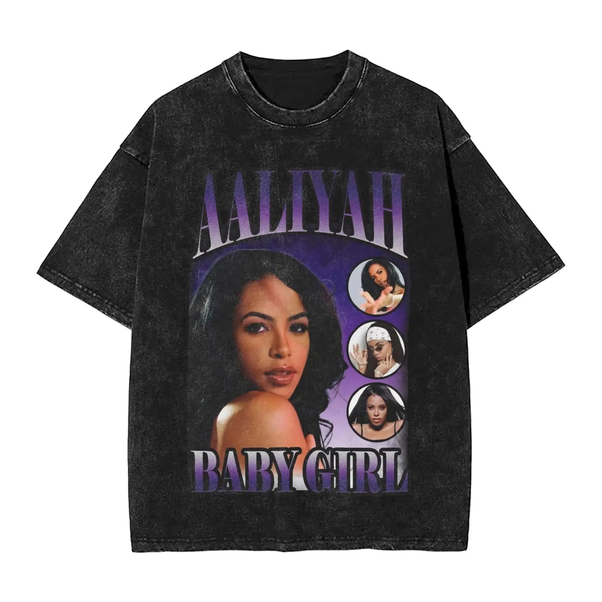 Black distressed cotton hip hop vintage t-shirt featuring purple aaliyahs baby girl graphic for shirts harajuku streetwear