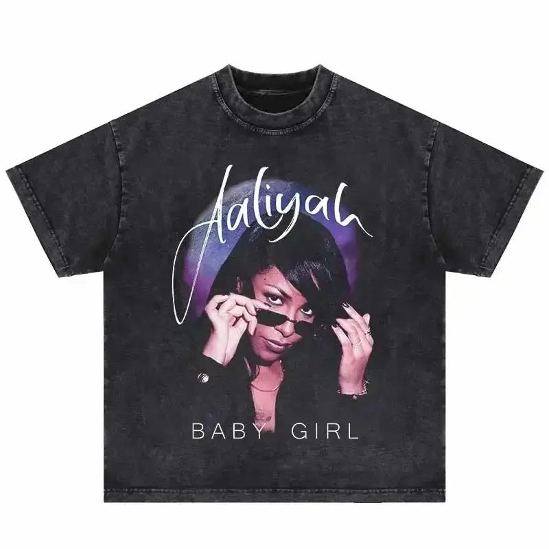 Black distressed cotton hip hop vintage t-shirt featuring aaliyahs baby girl graphic and white cursive text for shirts harajuku streetwear