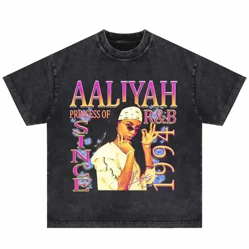 Black distressed cotton hip hop vintage t-shirt featuring vibrant aaliyahs baby girl graphic for shirts harajuku streetwear