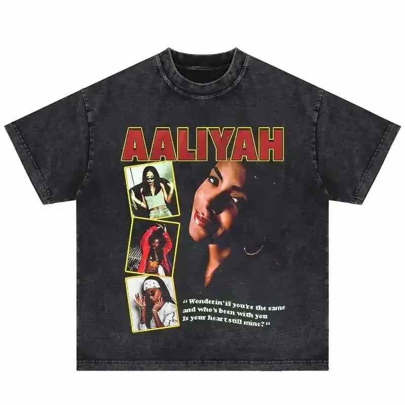 Black distressed cotton hip hop vintage t-shirt featuring aaliyahs baby girl graphic and shirts harajuku streetwear style
