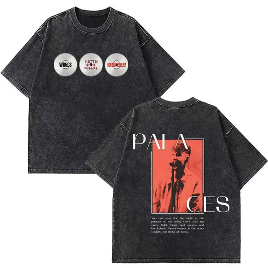 Black distressed cotton hip hop vintage t-shirt with rapper louis tomlinson album print for summer casual loose fit