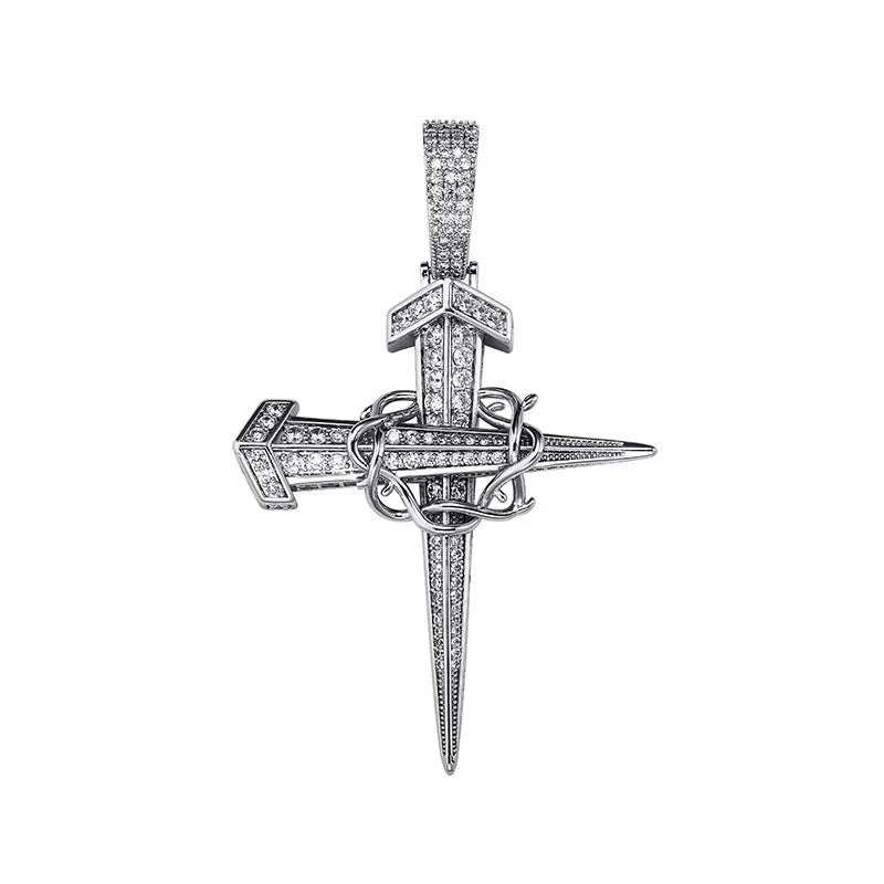 Silver nail cross pendant with diamond-encrusted blades and central knot design vintage winding nail rapper jewelry gifts