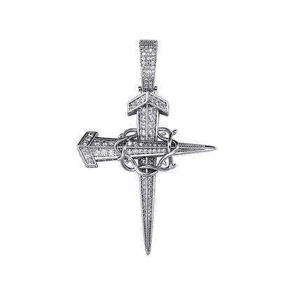 Silver nail cross pendant with diamond-encrusted blades and central knot design vintage winding nail rapper jewelry gifts
