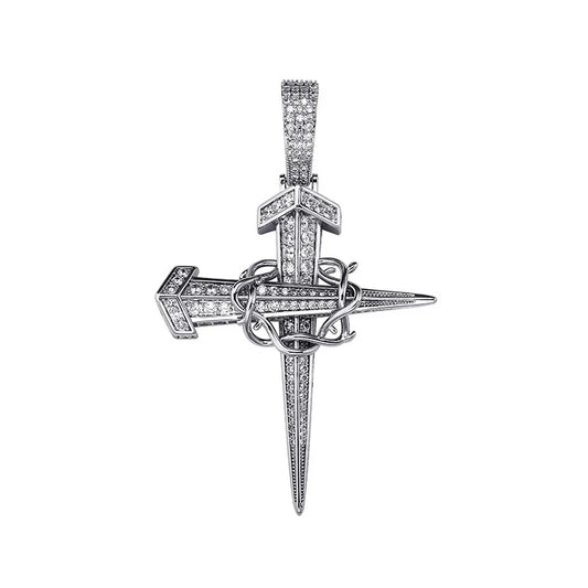 Silver hip hop vintage nail cross pendant necklace with diamond blades and central knot for rapper jewelry gifts