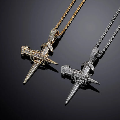 Two diamond-encrusted vintage winding nail cross pendants in gold and silver tones on twisted rope chains for rapper jewelry gifts