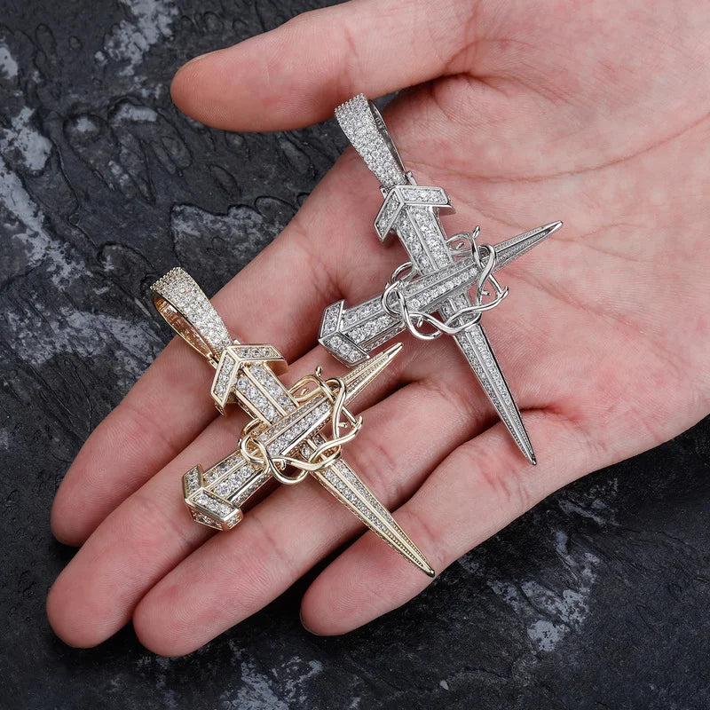 Two diamond-encrusted vintage winding nail cross pendants in white gold and yellow gold for rapper jewelry gifts