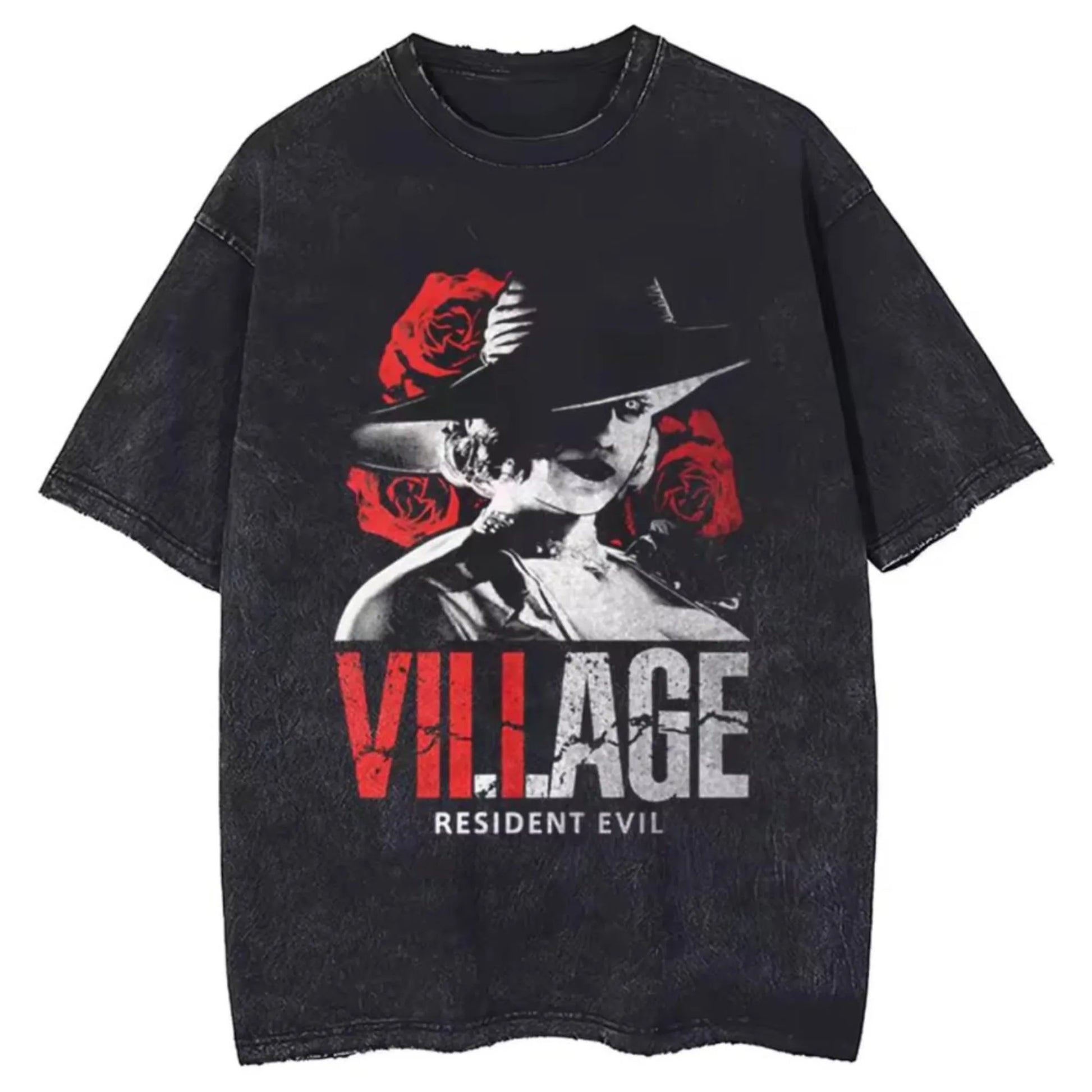Black distressed cotton t-shirt featuring hip hop washed street clothing retro graphic for cotton hippie unisex wear